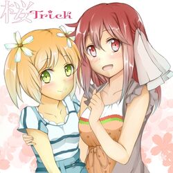  2girls :d bad_id bad_pixiv_id blonde_hair bow casual collarbone copyright_name flower green_eyes hair_flower hair_ornament hairbow looking_at_viewer matsurika_(j297021302) multiple_girls one-armed_hug open_mouth red_eyes red_hair sakura_trick short_twintails smile sonoda_yuu takayama_haruka twintails yuri 