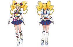  2girls :d alternate_form blonde_hair blue_skirt boots bow brooch clone cure_honey cure_honey_(popcorn_cheer) drill_hair drill_sidelocks dual_persona earrings full_body hair_ornament hairpin happinesscharge_precure! heart heart_brooch jewelry knee_boots long_hair magical_girl multicolored_clothes multicolored_skirt multiple_girls multiple_views official_art oomori_yuuko open_mouth precure puffy_sleeves satou_masayuki sidelocks skirt smile standing transparent_background turnaround twintails waist_bow wrist_cuffs yellow_eyes 