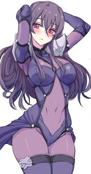  armor arms_behind_head blush bodysuit breasts commentary cowboy_shot fate/grand_order fate_(series) female hair_between_eyes kook large_breasts long_hair looking_at_viewer parted_lips pauldrons photoshop_(medium) purple_bodysuit purple_hair red_eyes scathach_(fate) shoulder_armor simple_background solo standing white_background 