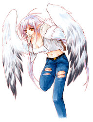  ahoge breasts cleavage commentary cropped_legs denim eyes_visible_through_hair feathered_wings feathers female harpy haru_(monster_musume) jeans long_hair medium_breasts monster_girl monster_musume_no_iru_nichijou monster_musume_no_iru_nichijou_online mugetsu_(arado234) navel pants pointy_ears shirt simple_background solo torn_clothes torn_jeans torn_pants very_long_hair vest white_background white_hair white_shirt white_wings winged_arms wings yellow_eyes 