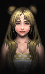  bishoujo_senshi_sailor_moon blonde_hair blue_eyes breasts cleavage commentary_request crescent crescent_facial_mark double_bun dress facial_mark female forehead_mark hair_bun hair_over_shoulder highres jchoy long_hair medium_breasts photoshop_(medium) princess_serenity realistic solo strapless strapless_dress tsukino_usagi twintails upper_body white_dress 