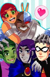  2girls 3boys alien bald beast_boy black_hair cape cyborg_(dc) dark_skin dc_comics dick_grayson green_eyes green_skin heart mask multiple_boys multiple_girls purple_hair raven_(dc) robin_(dc) smile starfire teen_titans v victor_stone 