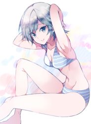  anastasia_(idolmaster) armpits arms_up bikini blue_eyes breasts commentary_request female grey_hair haruse_hiroki idolmaster idolmaster_cinderella_girls medium_breasts short_hair smile solo striped_bikini striped_clothes swimsuit 