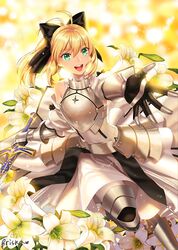  :d ahoge armor armored_boots armored_dress artoria_pendragon_(fate) bad_id bad_pixiv_id black_bow blonde_hair boots bow breastplate briska bud caliburn_(fate) dress fate/unlimited_codes fate_(series) faulds female floating_hair flower green_eyes hair_between_eyes hairbow holding holding_sword holding_weapon leg_up lily_(flower) long_hair name_connection object_namesake open_mouth outstretched_arm ponytail saber_lily smile solo sword weapon white_dress white_flower white_lily 