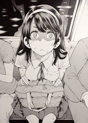  1boy 2girls bad_id bad_twitter_id bag breasts business_suit commentary formal greyscale hairband long_hair looking_at_viewer medium_breasts monochrome multiple_girls nakajima_ryou nervous_sweating night original parted_lips school_bag school_uniform shaded_face sitting skirt solo_focus suit sweat train_interior 