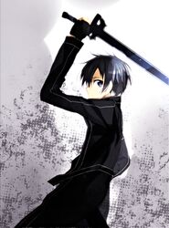  1boy black_eyes black_hair coat commentary_request fingerless_gloves gloves jianmo_sl kirito male_focus sword sword_art_online weapon 