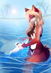  2018 5_fingers adorableinall ambiguous_gender anthro bikini blonde_hair breasts canid canine cetacean clothing detailed_background digital_media_(artwork) dolphin duo eyelashes female fingers hair hi_res mammal marine midriff nitricacid oceanic_dolphin red_eyes red_nose smile swimwear toothed_whale 