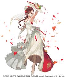  armpits breasts brown_hair closed_mouth commentary_request dress elbow_gloves female flower folding_fan full_body gloves hair_flower hair_ornament hand_fan high_heels lack large_breasts long_hair looking_at_viewer official_art red_flower red_rose rose saionji_reimi simple_background smile solo standing star_ocean star_ocean_the_last_hope watermark wedding_dress white_background white_dress white_flower white_footwear white_gloves white_rose 