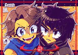  2boys animification bad_id bad_pixiv_id bare_shoulders black_eyes blue_eyes bodysuit brown_hair cole_(ninjago) colored_skin hair_over_one_eye japanese_clothes jay_(ninjago) male_focus multiple_boys ninjago shimanie smile the_lego_group thick_eyebrows turtleneck yellow_skin 