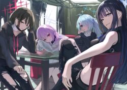  4girls absurdres arius_squad_(blue_archive) atsuko_(blue_archive) bandaged_neck bandages black_hair blue_archive blue_hair blush commentary dark_blue_hair halo highres hiyori_(blue_archive) indoors kuro_shiraga light_blue_hair looking_at_viewer looking_back misaki_(blue_archive) multiple_girls own_hands_together pants pink_hair saori_(blue_archive) sitting smile torn_clothes torn_pants 