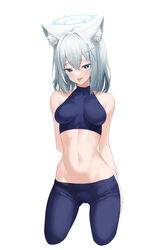  absurdres alternate_costume animal_ear_fluff animal_ears arms_behind_back blue_archive blue_eyes blue_pants blue_sports_bra breasts breasts_apart collarbone commentary cropped_legs cross_hair_ornament female grey_hair groin hair_between_eyes hair_ornament halo highres ju-ok long_hair looking_at_viewer medium_breasts midriff mismatched_pupils navel pants shiroko_(blue_archive) simple_background solo sports_bra sportswear standing stomach straight_hair tongue tongue_out white_background wolf_ears 