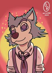  anthro beastars blue_body blue_fur canid canine canis clothing fur garrus368 handsome_wolf happy legoshi_(beastars) male mammal purple_eyes smile solo star watermark wolf 