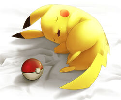  bed_sheet closed_eyes commentary_request full_body lying no_humans on_side open_mouth pikachu poke_ball poke_ball_(basic) pokemon pokemon_(creature) purobe sleeping smile solo 