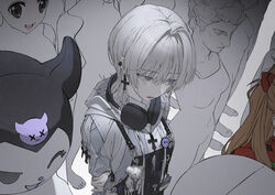  2girls apron black_apron blonde_hair bodysuit brown_eyes cross cross_earrings demon_emoji ear_piercing earrings emoji from_above grey_hair grey_jacket hand_on_own_elbow headphones headphones_around_neck interface_headset jacket jewelry kuromi lineup long_hair medium_hair multiple_girls nazono_mito neon_genesis_evangelion nijisanji noose one_eye_closed open_mouth original piercing red_bodysuit round_teeth sanrio smile smile_emoji souryuu_asuka_langley standing statue stuffed_animal stuffed_toy tearing_up teddy_bear teeth upper_body upper_teeth_only virtual_youtuber wanke x_x 