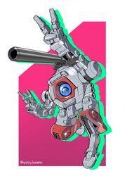  ^_^ ball_boy_(gundam) cannon closed_eyes fewer_digits gundam gundam_u.c._engage highres kuramochi_kyouryuu mecha no_humans one-eyed pink_background robot science_fiction shadow solo twitter_username v 