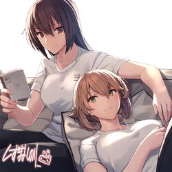  2girls alternate_costume artist_name black_hair black_pants book breasts brown_hair denim green_eyes jeans kantai_collection large_breasts long_hair lying multiple_girls mutsu_(kancolle) nagato_(kancolle) official_art on_back pants reading red_eyes rensouhou-chan shirt shizuma_yoshinori short_hair short_sleeves signature stay_at_home t-shirt white_shirt 