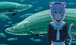  absurdres ahoge animal_ear_fluff animal_ears aquarium arapaima black_choker black_shirt bob_cut buttons cat_ears cat_tail choker chun_1234567 closed_mouth crop_top double-breasted female fish hairband highres hololive long_sleeves looking_at_viewer necktie nekomata_okayu nekomata_okayu_(casual) official_alternate_costume purple_eyes purple_hair sailor_collar school_uniform serafuku shirt solo tail virtual_youtuber white_necktie white_sailor_collar 