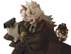  4:3 aak_(arknights) aiming anthro arknights black_clothing black_hair canid canine canis clothing coat costume domestic_cat domestic_dog duo felid feline felis fur glock_17 gloves gun hair handgun handwear hi_res holding_gun holding_handgun holding_object holding_pistol holding_ranged_weapon holding_weapon horn hung_(arknights) hypergryph long_hair male mammal mochidaxxx multicolored_hair necktie orange_hair pistol ranged_weapon shirt simple_background studio_montagne tan_body tan_fur topwear two_tone_hair weapon white_body white_fur white_hair 