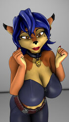  2020 3d_(artwork) 9:16 amber_eyes anthro black_body black_fur blue_hair breasts canid canine carmelita_fox claws clothing collar colored_fingernails colored_nails digital_media_(artwork) ear_piercing female fingernails fox fur grey_background hair hi_res lipstick looking_at_viewer makeup mammal mommyosha multicolored_body multicolored_fur nails narrowed_eyes orange_body orange_fur piercing red_lipstick red_nail_polish red_nails simple_background sly_cooper_(series) smile solo sony_corporation sony_interactive_entertainment sucker_punch_productions topwear warfare_carmelita warfare_machine yellow_body yellow_fur 