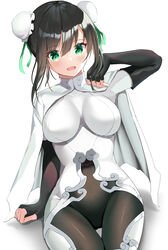  black_gloves black_hair blush bodysuit breasts bun_cover cape covered_navel double_bun elbow_gloves fate/grand_order fate_(series) female fingerless_gloves gloves green_eyes green_ribbons hair_bun highres large_breasts looking_at_viewer open_mouth qin_liangyu_(fate) ribbon sidelocks simple_background sitting smile solo thighs tsukise_miwa white_background white_bodysuit white_cape 