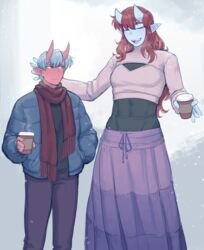  1boy :d aoi_(ittla) blue_hair blue_oni blue_skin brown_scarf closed_eyes colored_skin commentary cup disposable_cup female grey_background hair_between_eyes hand_in_pocket height_difference highres holding holding_cup horns ittla kenta_(ittla) long_hair long_skirt long_sleeves looking_at_another meme_attire oni open-chest_sweater open_mouth original pants purple_eyes purple_skirt red_hair red_oni red_skin scarf sharp_teeth simple_background skin-covered_horns skirt smile sweater tall_female teeth turtleneck turtleneck_sweater 