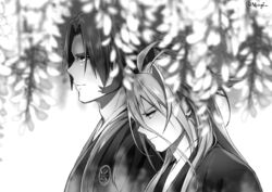  2boys antenna_hair blurry depth_of_field flower greyscale japanese_clothes long_sideburns male_focus monochrome multiple_boys nyagi profile sengo_muramasa_(touken_ranbu) sideburns smile tonbokiri_(touken_ranbu) touken_ranbu upper_body wisteria 