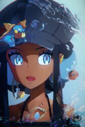  aqua_eyes artist_name bad_id bad_pixiv_id barraskewda black_hat blue_eyeshadow blue_hair cabbie_hat commentary_request curtained_hair dark-skinned_female dark_skin dated drednaw earrings eyeshadow female film_grain halterneck hat heiwano highres hoop_earrings jewelry long_hair looking_away makeup multicolored_hair nessa_(pokemon) official_alternate_costume open_mouth partial_commentary pelipper pokemon pokemon:_twilight_wings pokemon_(creature) pokemon_swsh portrait seaking signature solo two-tone_hair very_dark_skin water_drop 