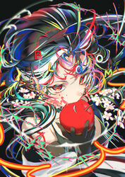  absurdres apple bad_id bad_pixiv_id bare_shoulders biting black_gloves blurry breasts collarbone commentary depth_of_field earrings elbow_gloves english_commentary english_text female flower food fruit gloves highres holding holding_food holding_fruit jewelry long_hair looking_at_viewer mont_blanca multicolored_hair original sleeveless solo spiked_ear_piercing white_flower 