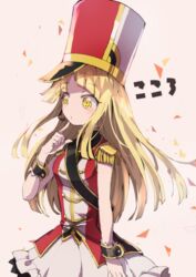  band_uniform bang_dream! blonde_hair character_name commentary confetti epaulettes female hat headset long_hair makino_(727me727) pointing pointing_at_self sash shako_cap skirt sleeveless solo tsurumaki_kokoro white_skirt wrist_cuffs 