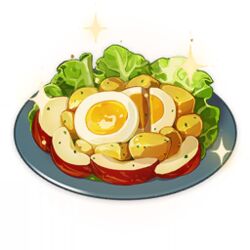  apple artist_request egg egg_(food) food food_focus fruit game_cg genshin_impact lettuce lowres no_humans official_art plate potato salad satisfying_salad_(genshin_impact) simple_background sparkle still_life third-party_source transparent_background 