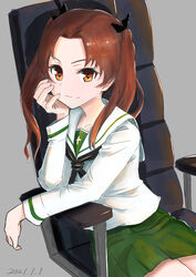  absurdres black_bow black_neckerchief blouse bow brown_eyes brown_hair chair closed_mouth commentary dated elbow_rest female girls_und_panzer green_skirt hairbow head_rest highres kadotani_anzu long_hair long_sleeves looking_at_viewer miniskirt neckerchief office_chair ooarai_school_uniform oritako parted_bangs pleated_skirt sailor_collar school_uniform serafuku shirt simple_background sitting skirt smile solo swivel_chair twintails white_sailor_collar white_shirt 