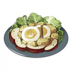  apple artist_request egg egg_(food) food food_focus fruit game_cg genshin_impact lettuce lowres muted_color no_humans official_art plate potato salad satisfying_salad_(genshin_impact) simple_background still_life third-party_source transparent_background 