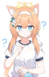  ? animal_ear_fluff animal_ears blue_archive blue_eyes blush bottle commentary_request female flower fox_ears gym_uniform hair_flower hair_ornament hairband halo hand_up highres holding holding_bottle long_hair looking_at_viewer mari_(blue_archive) mari_(track)_(blue_archive) orange_hair ponytail preste shirt short_sleeves sidelocks simple_background solo straight-on sweat upper_body water_bottle wet wet_clothes wet_shirt white_background white_flower white_hairband white_shirt yellow_halo 