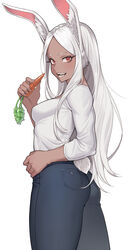  :d animal_ear_fluff animal_ears ass boku_no_hero_academia breasts carrot casual cheshirrr commentary covered_nipples cowboy_shot dark-skinned_female dark_skin denim fangs female forehead highres jeans long_hair looking_at_viewer looking_back mirko open_mouth pants parted_bangs rabbit_ears rabbit_girl rabbit_tail red_eyes simple_background smile solo tail thighs white_background white_hair 