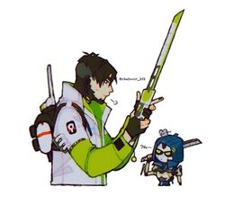  1boy android animal_on_head animification apex_legends apron ash&#039;s_rat_(apex_legends) ash_(titanfall_2) biwon_blade black_eyes black_gloves black_hair black_nails black_sclera colored_sclera crypto_(apex_legends) female gloves holding holding_sword holding_weapon hood hood_up jacket kuroneko_(chatnoir_252) mouse_(animal) on_head over_shoulder partially_fingerless_gloves sword weapon weapon_over_shoulder white_background white_jacket yellow_eyes 