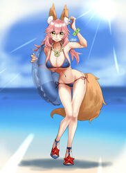  animal_ear_fluff animal_ears bikini blue_bikini blush breasts cleavage collarbone fate/grand_order fate_(series) female fox_ears fox_girl fox_tail full_body groin innertube large_breasts looking_at_viewer nature navel ocean outdoors pink_hair solo stst151553 swim_ring swimsuit tail tamamo_(fate) tamamo_no_mae_(swimsuit_lancer)_(fate) tamamo_no_mae_(swimsuit_lancer)_(third_ascension)_(fate) yellow_eyes 