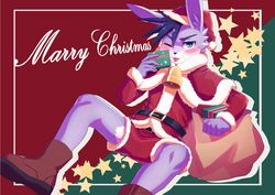  anthro christmas christmas_clothing christmas_headwear christmas_present clothing cowbell felid feline gift hat headgear headwear hi_res holidays kemono male mammal manadezimon merry_christmas one_eye_closed santa_hat solo star tongue tongue_out wink 