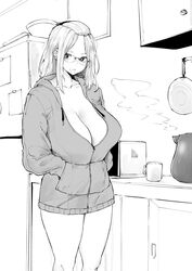  bangs_pinned_back bowl breasts cabinet cleavage closed_mouth coffee commentary cup female folded_hair glasses greyscale hair_pulled_back hands_in_pocket hands_in_pockets highres hood hoodie huge_breasts indoors inne_sulistya_robin kitchen long_hair microwave monochrome norman_maggot original paper pot refrigerator sidelocks solo standing thighs unzipped 