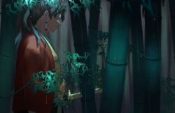  1boy absurdres bamboo bamboo_forest black_hair blurry depth_of_field earrings forest from_side haori highres japanese_clothes jewelry katana kimetsu_no_yaiba kimono light_smile long_hair looking_away looking_down male_focus moguro_(qianchul) nature night profile rain red_eyes sash solo sword tsugikuni_yoriichi upper_body weapon 