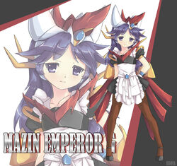  apron arm_behind_back black_skirt character_name cuteidea female headdress high_heels leggings maid_apron mazinemperor_g mazinger_(series) mazinger_z mecha_musume parody personification purple_hair robot_girls_z shin_mazinger_shougeki!_z-hen skirt smile solo style_parody super_robot_wars super_robot_wars_v zoom_layer 