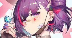  bandaid bandaid_on_face bandaid_on_nose between_fingers blush candy character_name choker dl_(dl_6ix) earrings female fingerless_gloves food gloves hand_up heart heart-shaped_pupils highres holding holding_candy holding_food jewelry lollipop mask mask_pull mouth_mask multicolored_hair nail_polish one_side_up pout prismplus purple_eyes purple_nails short_hair solo streaked_hair symbol-shaped_pupils tenjin_kotone torii_earrings two-tone_hair virtual_youtuber 