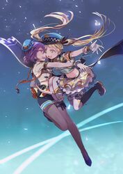  2girls :d alternate_hairstyle armband badge bang_dream! black_hair black_legwear blonde_hair blue_headwear boots commentary confetti cuffed cuffs electric_guitar facial_mark female_service_cap frilled_skirt frills gloves guitar hair_bun hair_ribbon handcuffs hat highres holster instrument jumping knee_boots long_hair makino_(727me727) midriff miniskirt multiple_girls open_mouth pencil_skirt police_hat pouch purple_hair red_eyes ribbon seta_kaoru shirt short_sleeves single_hair_bun skirt smile star_(symbol) striped striped_ribbon sweatdrop thigh_pouch thigh_strap tsurumaki_kokoro twintails whistle white_gloves yellow_eyes 