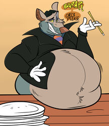  2022 anthro belly big_belly bloated cigarette_holder clenched_teeth clothed clothing dialogue disney english_text fangs fur furniture gloves hair half-closed_eyes half-length_portrait hand_on_belly handwear hi_res holding_object jacket looking_at_viewer male mammal murid murine narrowed_eyes navel necktie overweight overweight_anthro overweight_male plate portrait professor_padraic_ratigan_(disney) rat remmyfox rodent smile smiling_at_viewer smirk solo speech_bubble standing table teeth text the_great_mouse_detective topwear 