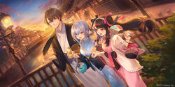  1boy 2girls :d architecture bag black_hair blue_hair bottle bridge brown_eyes brown_hair dutch_angle east_asian_architecture folding_fan grey_hair hakase_fuyuki hand_fan highres japanese_clothes kagami_hayato kimono lamppost mashuu_(neko_no_oyashiro) multicolored_hair multiple_girls nijisanji open_mouth outdoors paper_fan pointing red_eyes river smc-gumi_(nijisanji) smile twintails two-tone_hair virtual_youtuber yorumi_rena yukata 