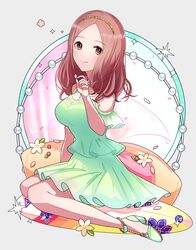  blush breasts brown_eyes brown_hair cleavage dress female green_dress green_footwear grey_background hand_up ich. idolmaster idolmaster_cinderella_girls looking_at_viewer medium_breasts pillow sawada_marina sitting smile 