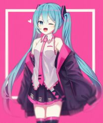  ;d absurdres black_skirt black_thighhighs blue_eyes blue_hair breasts collared_shirt commentary cosplay cowboy_shot female floating_hair gradient_hair hatsune_miku heart highres ille_(xcpa7325) long_hair looking_at_viewer miniskirt multicolored_hair necktie one_eye_closed open_mouth pink_background pink_hair pink_necktie pleated_skirt sakura_miku sakura_miku_(cosplay) self_cosplay shirt skirt sleeveless sleeveless_shirt small_breasts smile solo standing thighhighs very_long_hair vocaloid white_shirt wing_collar zettai_ryouiki 