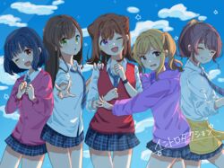  5girls backlighting bang_dream! black_hair blonde_hair brown_hair closed_eyes commentary cowboy_shot green_eyes grin hanazono_tae hand_on_another&#039;s_shoulder highres hood hoodie ibispaint_(medium) ichigaya_arisa long_hair looking_at_viewer medium_hair miniskirt multiple_girls necktie one_eye_closed open_mouth outdoors ponytail poppin&#039;party purple_eyes red_eyes shirt short_hair skirt sky smile sweatdrop tonomura toyama_kasumi twintails ushigome_rimi v yamabuki_saya 