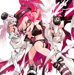  black_headband black_shorts breasts coat crop_top dapple_dualies_(splatoon) dual_wielding fangs female gun headband highres holding holding_weapon inkling inkling_girl inkling_player_character kumo_(kumo_hsc0216) long_hair long_sleeves looking_at_viewer medium_breasts open_clothes open_coat pink_coat pink_eyes pink_hair pointy_ears shoes shorts sleeveless sneakers solo splatoon_(series) splatoon_2 tentacle_hair twintails weapon white_coat white_footwear 