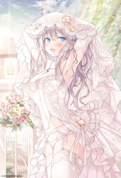  :d armpits arms_behind_head arms_up blue_eyes blush bouquet breasts bridal_lingerie bridal_veil bride cleavage cloud collarbone commentary cowboy_shot detached_sleeves dress female floral_print garter_belt grey_hair hair_between_eyes hoshino_koucha jewelry lingerie long_bangs long_hair looking_at_viewer melonbooks necklace open_mouth outdoors panties railing shadow sky smile solo thighhighs thighs underwear veil wedding_dress white_dress white_panties white_thighhighs 