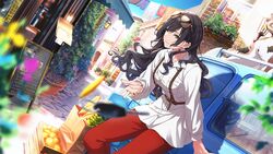  animal bag black_hair blue_sky blurry blurry_foreground car collared_shirt commentary_request dress_shirt drying drying_clothes dutch_angle earrings eyewear_on_head feline female food fruit hair_between_eyes highres idolmaster idolmaster_shiny_colors jewelry key leaning_back long_hair menu menu_board motor_vehicle official_art one_eye_closed outdoors pants plant red_nails red_pants resized ring shirase_sakuya shirt sidelocks sketching sky storefront suspenders suspenders_gap third-party_source tomari_(veryberry00) upscaled wavy_hair white_shirt yellow_eyes 